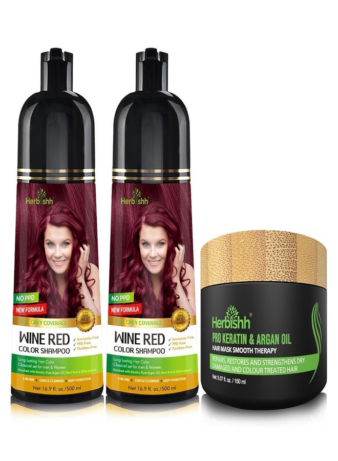 Herbishh Combo Pack-2Pcs Hair Color Shampoo For Gray Hair+ 1Pc Argan Intense Hair Mask- Hair Dye Shampoo - Colors Hair In Minutes - Long-Lasting Color- 500 Ml -Stimulates Dry Frizzy Hair (Wine Red) - Image 1