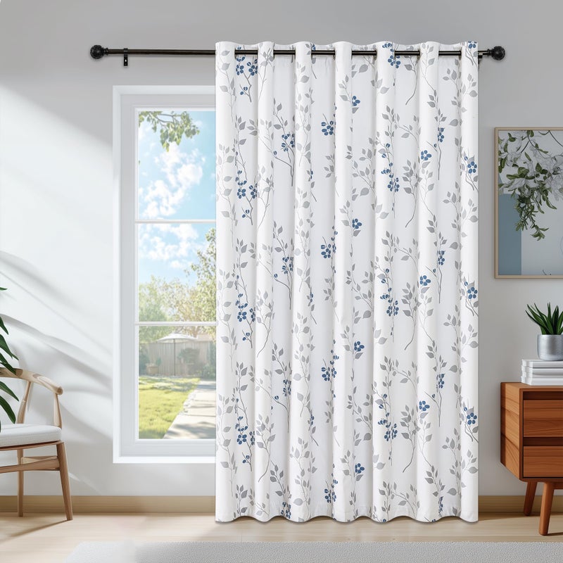 Beauoop Floral 100% Blackout Curtains 84 Inch Length 1 Panel for Patio Sliding Door Extra Wide Blue Grey Flower Patterned Divider Room Darkening Thermal Soundproof Grommet Window Drapes,100x84, 1 Set - Image 1