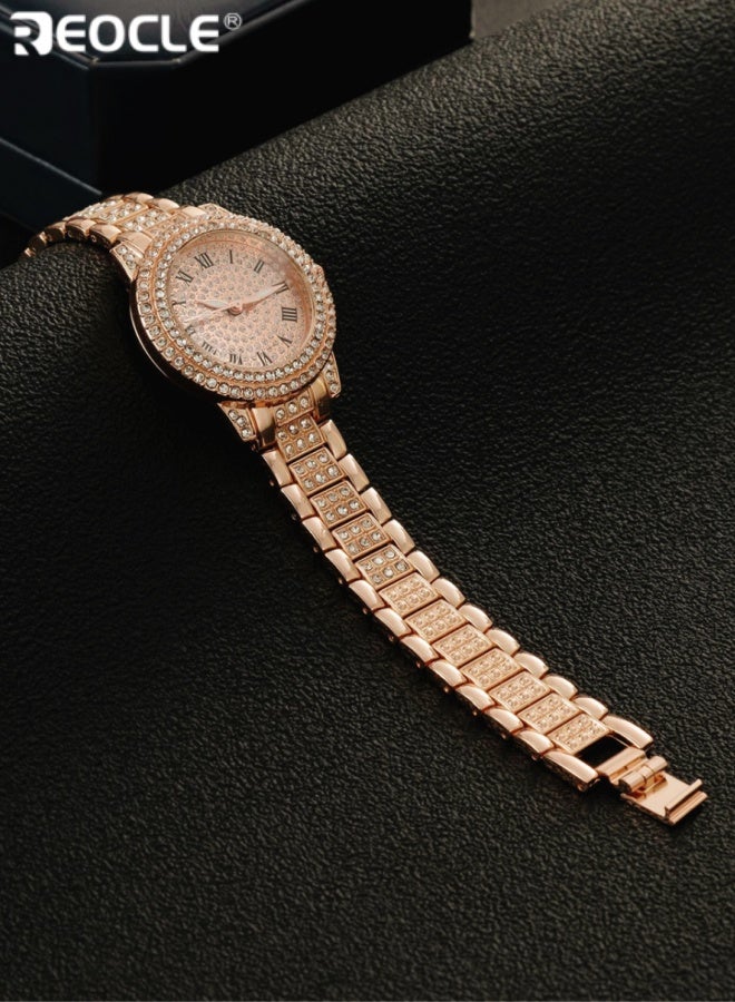 ريوكل طقم ساعات نسائي 5 قطع ساعة كوارتز مرصعة بالكامل بالألماس مع عقد وأساور وأقراط وخواتم مجموعة ساعات من الفولاذ المقاوم للصدأ - Image 2