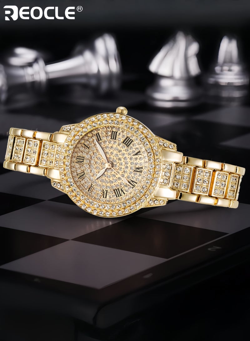 ريوكل طقم ساعات نسائي 5 قطع ساعة كوارتز مرصعة بالكامل بالألماس مع عقد وأساور وأقراط وخواتم مجموعة ساعات من الفولاذ المقاوم للصدأ - Image 3