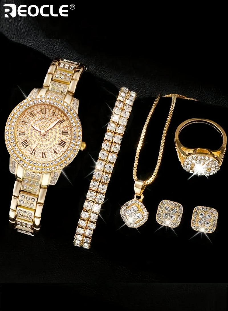 ريوكل طقم ساعات نسائي 5 قطع ساعة كوارتز مرصعة بالكامل بالألماس مع عقد وأساور وأقراط وخواتم مجموعة ساعات من الفولاذ المقاوم للصدأ - Image 1