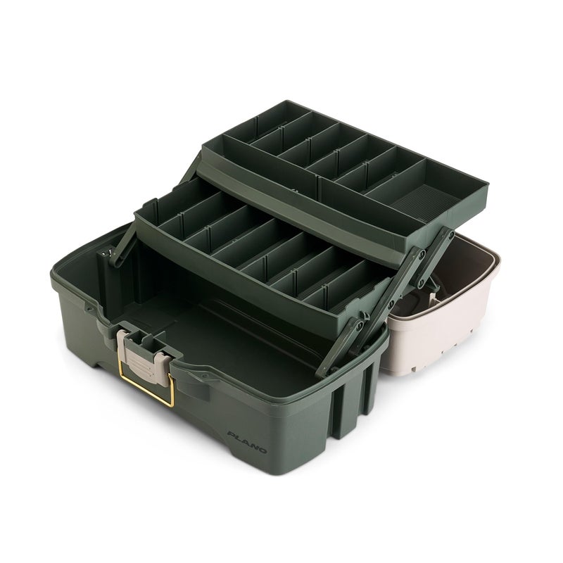 Plano Two-Tray Tackle Box, Green/Tan, Rust-Proof Brass Latch, Top-Access Tray with Deep Storage, Made in the USA, Portable Fishing Gear Storage Organizer - Image 2