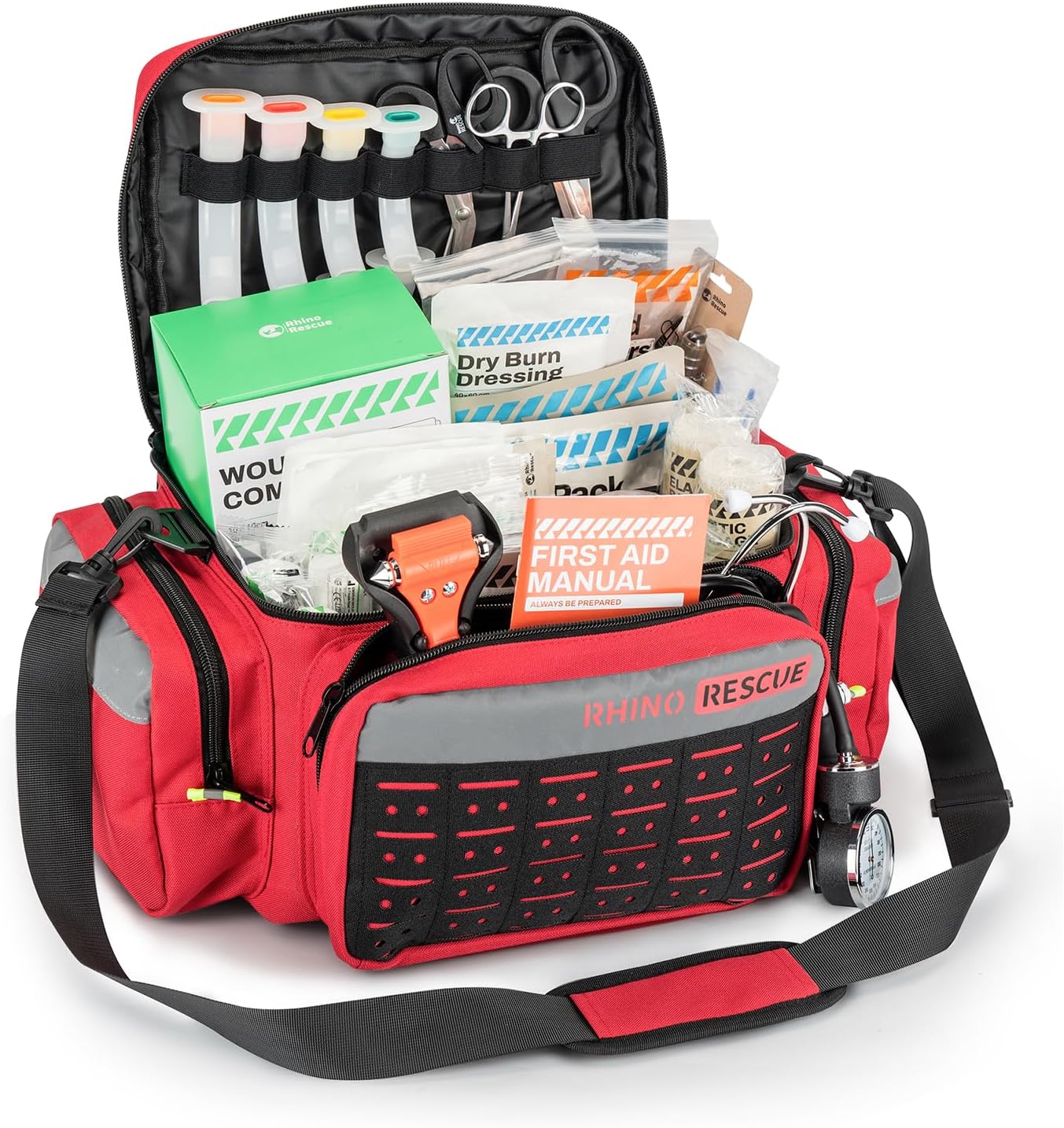 First Responder First Aid Kit FullyStocked EMT Bag Professional EMTEMS Trauma Medical Kit Molle System Reflective Stripe 300 First Aid Supplies Suits for Business Home Red