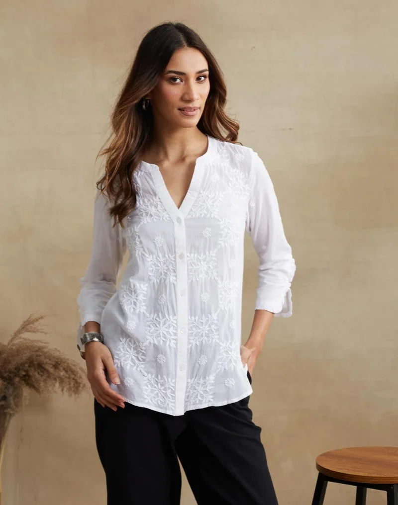 Fabindia White Cotton Chikankari Shirt