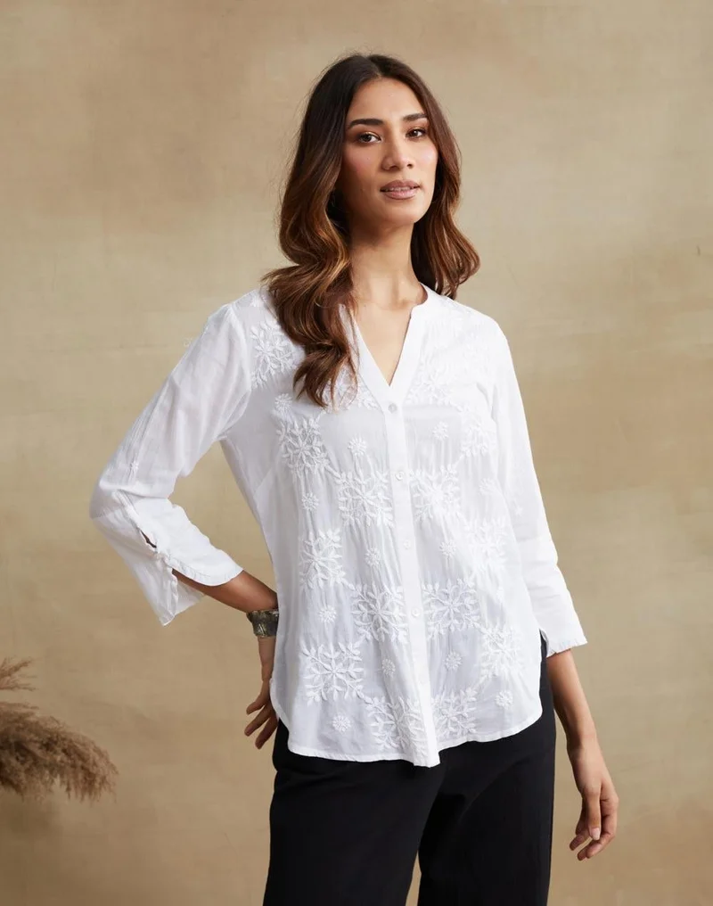 Fabindia White Cotton Chikankari Shirt