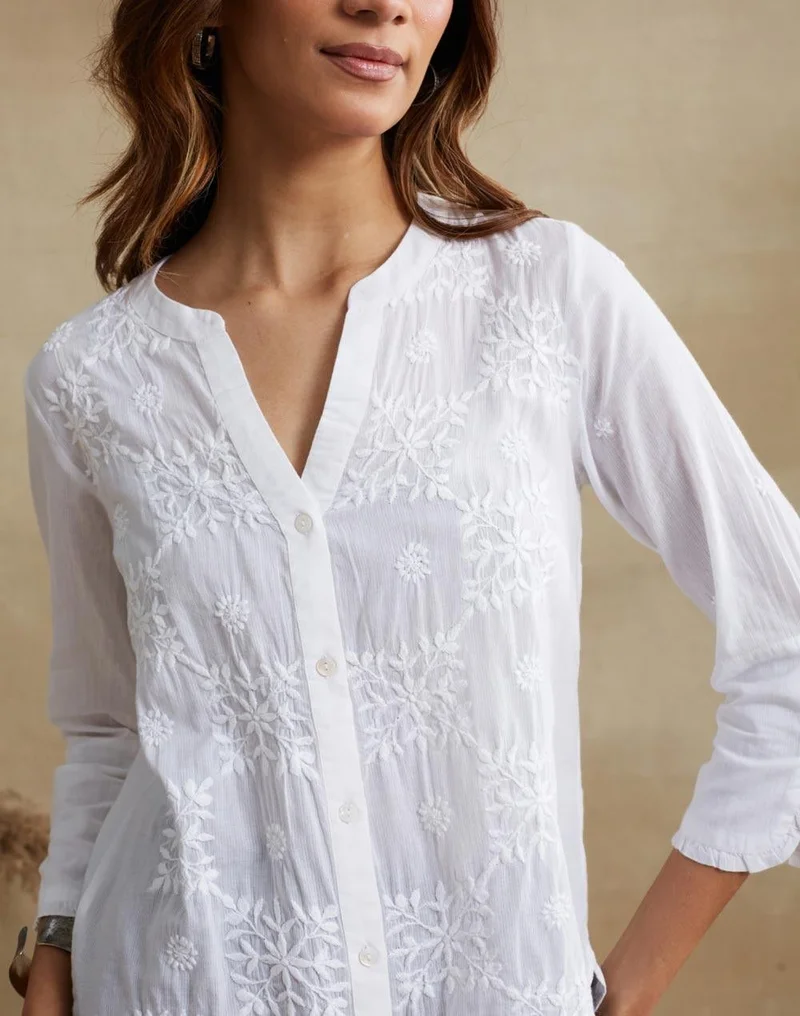 Fabindia  White Cotton Chikankari Shirt for Women | Best Price UAE
