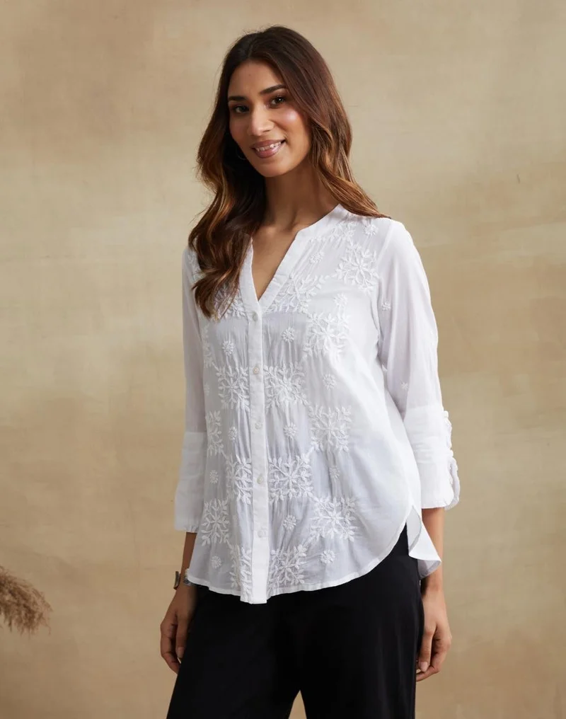 Fabindia  White Cotton Chikankari Shirt for Women | Best Price UAE