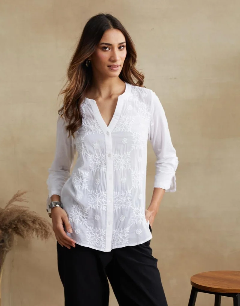 فاب انديا White Cotton Chikankari Shirt