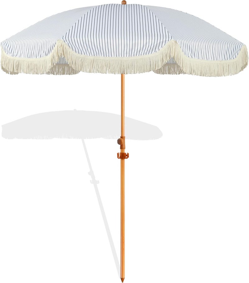 Seazul Patio Umbrella with Fringe, Beach Umbrella, Fringe Umbrella Outdoor Patio with Hanging Hook, Tilting Aluminum Pole, UV 50+, Fiberglass Ribs - Image 1