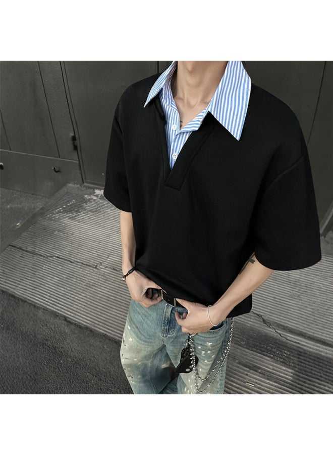 Homlean Retro Half Sleeve Polo Shirt Men's Spring And Summer Loose-fit Versatile Fashion Lapel Short Sleeve Xm88 Black XL - Image 3
