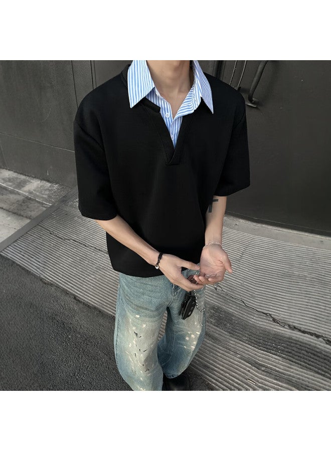 Homlean Retro Half Sleeve Polo Shirt Men's Spring And Summer Loose-fit Versatile Fashion Lapel Short Sleeve Xm88 Black XL - Image 1