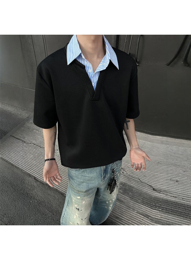 Homlean Retro Half Sleeve Polo Shirt Men's Spring And Summer Loose-fit Versatile Fashion Lapel Short Sleeve Xm88 Black XL - Image 2