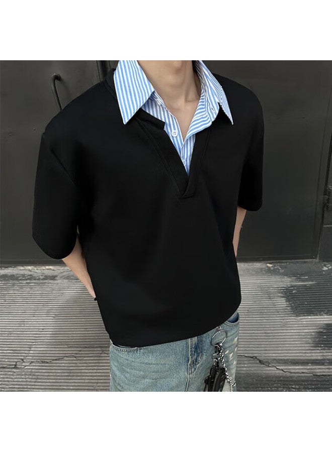 Homlean Retro Half Sleeve Polo Shirt Men's Spring And Summer Loose-fit Versatile Fashion Lapel Short Sleeve Xm88 Black XL - Image 4