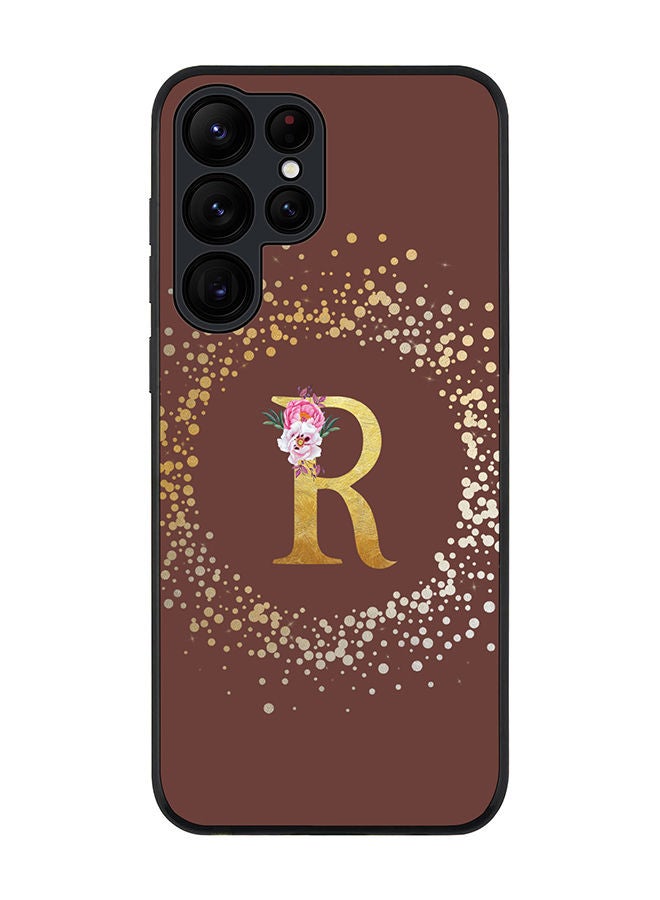 Stylizedd Rugged Black edge case for Samsung Galaxy S22 Ultra 5G Slim fit Soft Case Flexible Rubber Edges TPU Gel Thin Cover - Custom Monogram Initial Letter Floral Pattern Alphabet - R (Brown) - Image 1
