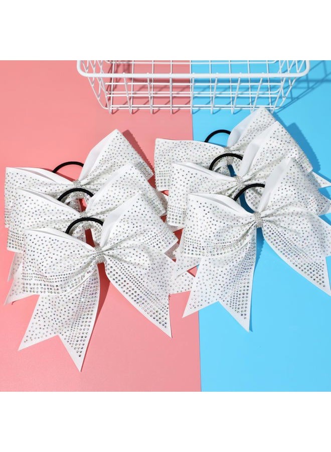DEEKA 6PCS 8" Large Glitter Cheer Bows with Full Rhinestones Colorful Shimmer Shiny Cheer Hair Bows Elastic Band Ponytail Holder for Cheerleader Girls Sports -White - Image 5