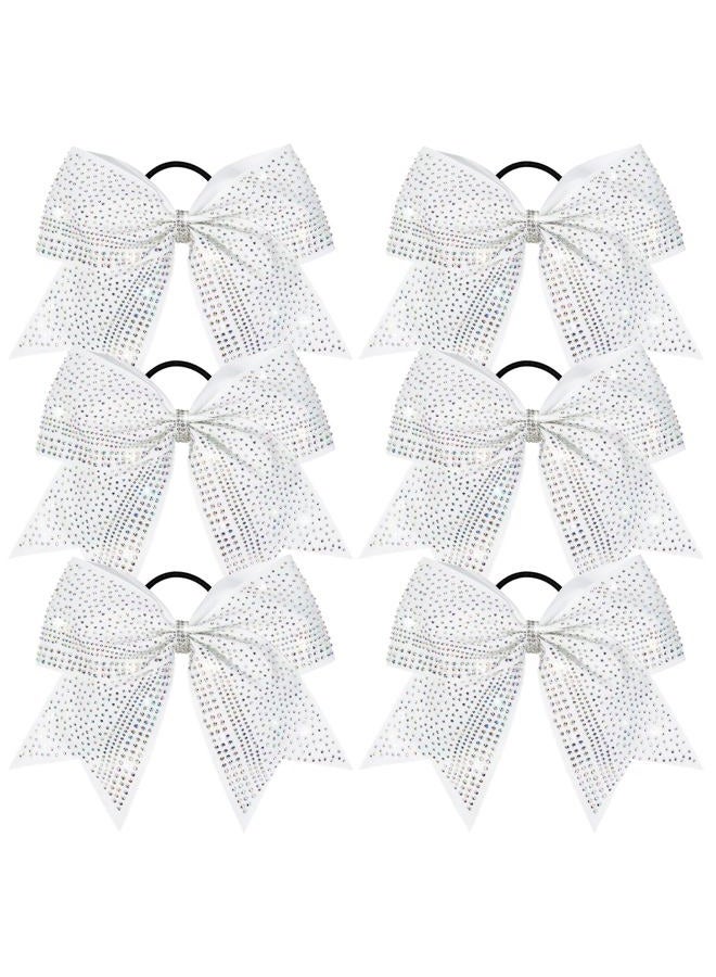 DEEKA 6PCS 8" Large Glitter Cheer Bows with Full Rhinestones Colorful Shimmer Shiny Cheer Hair Bows Elastic Band Ponytail Holder for Cheerleader Girls Sports -White - Image 1