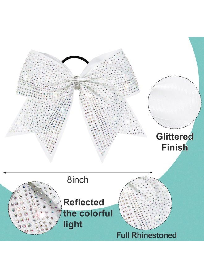 DEEKA 6PCS 8" Large Glitter Cheer Bows with Full Rhinestones Colorful Shimmer Shiny Cheer Hair Bows Elastic Band Ponytail Holder for Cheerleader Girls Sports -White - Image 2