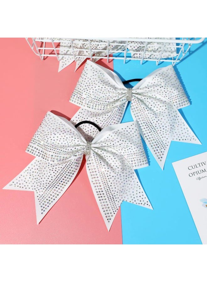 DEEKA 6PCS 8" Large Glitter Cheer Bows with Full Rhinestones Colorful Shimmer Shiny Cheer Hair Bows Elastic Band Ponytail Holder for Cheerleader Girls Sports -White - Image 3