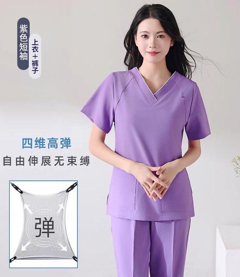 Quick-Drying Hand-Washing Clothes Surgical Clothes Elastic Womens Short-Sleeved Operating Room Nurse Work Clothes High-End Doctors Hand-Brushing Clothes Long-Sleeved Women's purple short-sleeve suit 