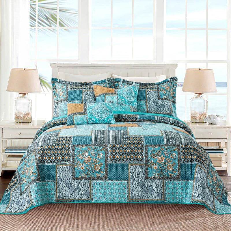 VAPUTAR Oversized King Size Quilt Bedding Set - Cotton California King Size Bedspreads (108 * 118 in) - Lightweight Floral Quilts for Farmhouse Bedroom (Teal/Green Chic, 3 Pieces) - Image 1