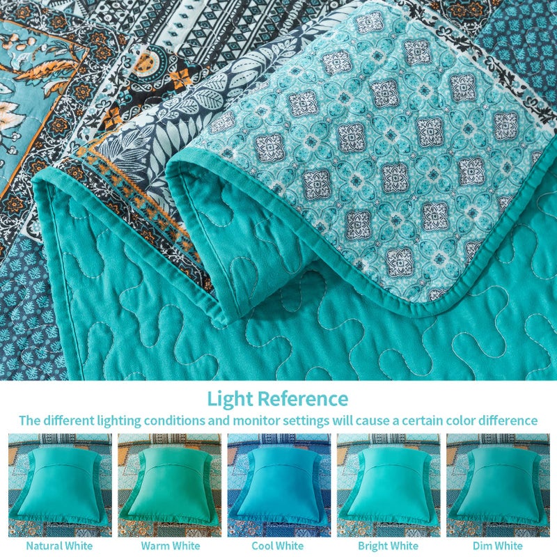 VAPUTAR Oversized King Size Quilt Bedding Set - Cotton California King Size Bedspreads (108 * 118 in) - Lightweight Floral Quilts for Farmhouse Bedroom (Teal/Green Chic, 3 Pieces) - Image 5