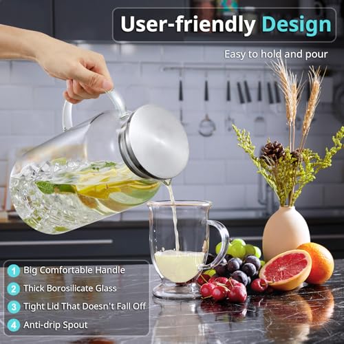 Bivvclaz 1 Gallon Glass Pitcher with Lid and Handle, Glass Water Pitcher for Fridge, Glass Carafe for Hot/Cold Water, Iced Tea Pitcher, Large Jug for Coffee, Juice and Homemade Beverage - Image 3