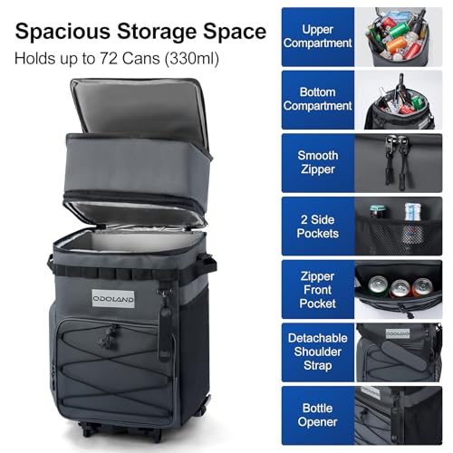 Odoland 72 Can Rolling Cooler Bag with Wheels Handle Collapsible Insulated Ice Chest for Beach Camping Tailgating Portable Travel Soft Cooler on Wheels Collapses for Easy Storage - Image 3