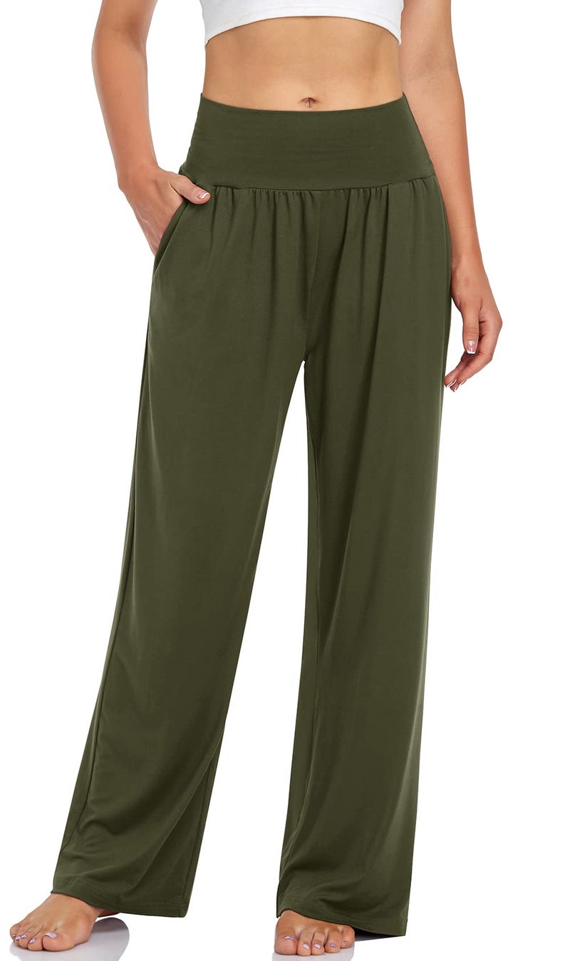 UEU Women's Stretchy Yoga Pants High Waist Casual Loose Fit Sweatpants Lounge Wide Leg Sports Athletic Sweat Pant with Pockets(ArmyGreen,M) - Image 1