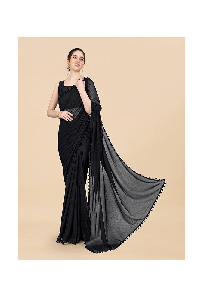 مملكة الإكسسوارات ساري نسائي من قماش جورجيت مزين بدانتيل بوم بوم مع بلوزة غير مخيطة  - Image 3
