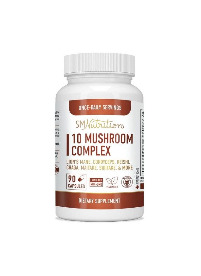 SMNutrition - 10 Mushroom Complex Supplement ; 1300+ Mg Blend ; Immune & Adaptogen Support From Lions Mane Turkey Tail Cordyceps Reishi Shiitake Maitake Chaga & White Button Mushroom Extracts ; 90 Capsules - Image 1