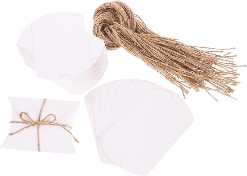 WEKADRIN 50pcs Paper Pillow Boxes Wrap Set with White Kraft Paper and Natural Jute Rope, Small Candy Packaging Boxes for Party Favors and Handmade - Image 1