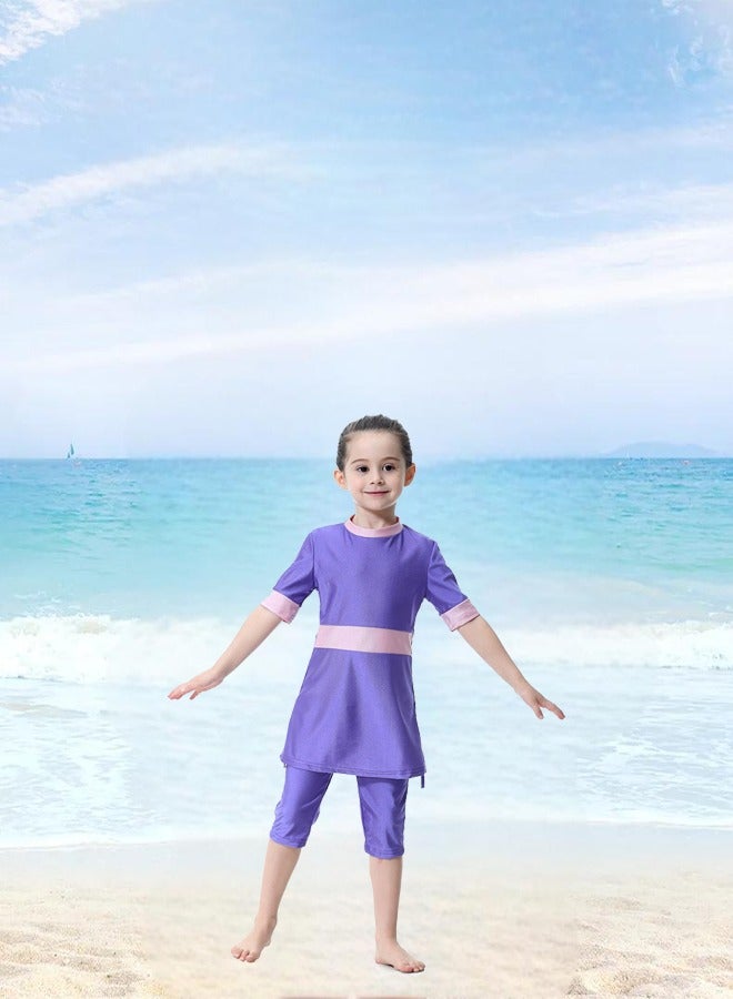 3-Piece Short Sleeves Split Swimsuit Set，Children's Swimwear with Cap，Middle East Muslim Conservative Split Swimsuit for Hawaii Beach and Swimming，Sizes L 120 - 145cm - Image 1
