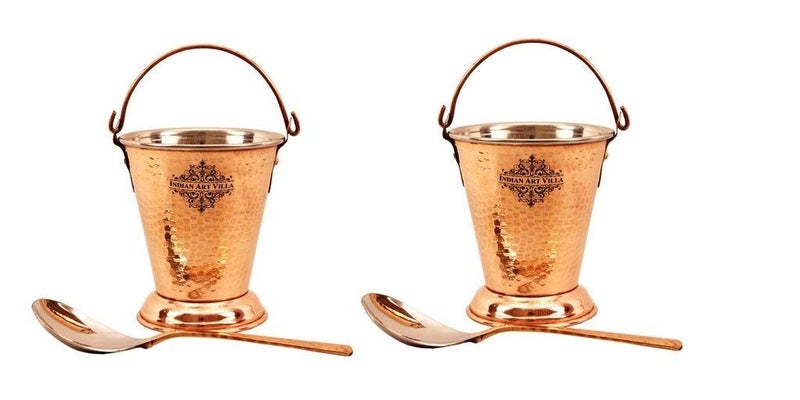 Indian Art Villa Set of Steel Copper Bucket Balti with 2 Serving Spoon, Serveware & Tableware, 300 ML Each, 4 Pcs - Image 5