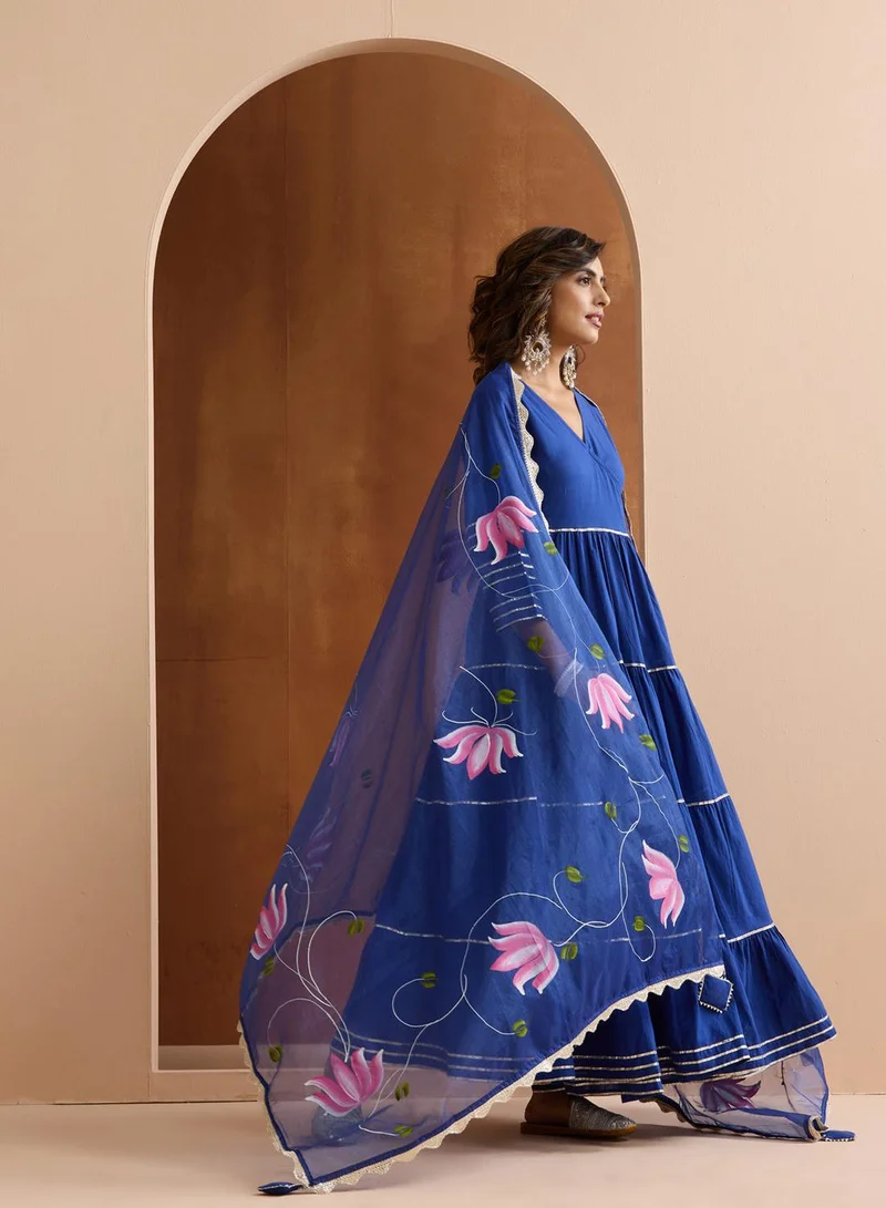 آي شين طقم كورتا نسائي طويل قطن % مطرز أزرق داكن بقصة مستقيمة كاجوال