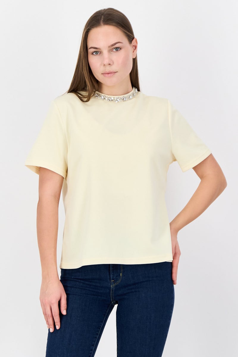 bebe Women Round Neck Short Sleeve Plain Top, Yellow - Image 1