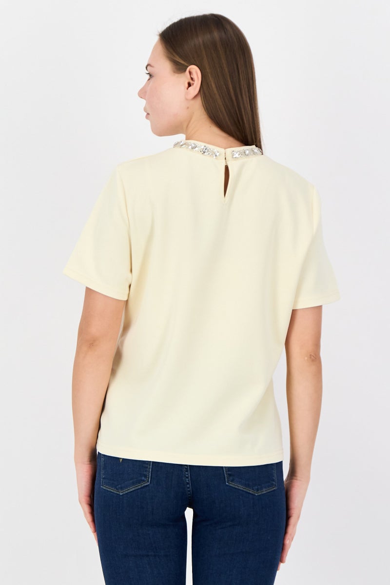 bebe Women Round Neck Short Sleeve Plain Top, Yellow - Image 3