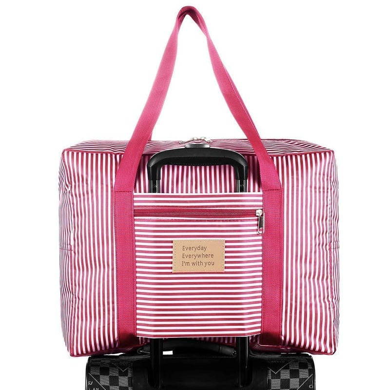 TOCINGO Travel Duffel Bag Foldable Flight Bag Travel Luggage Bag Travel Duffle Tote Bag Waterproof Luggage Organizer Storage (Pink Strip) - Image 1
