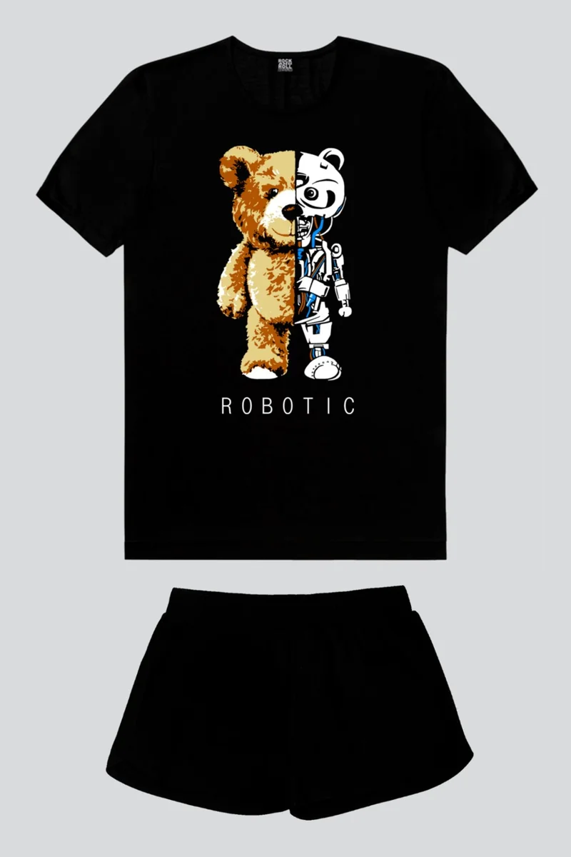 روك اند رول Robot Bear Black Short Sleeve Women's Shorts Set