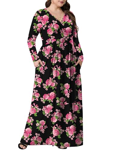 PEVRL Plus Size Maxi Dresses for Curvy Women V Neck Casual Long Dress with Pockets Black Pink Flower 2X - Image 4