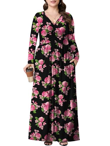 PEVRL Plus Size Maxi Dresses for Curvy Women V Neck Casual Long Dress with Pockets Black Pink Flower 2X - Image 3