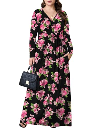 PEVRL Plus Size Maxi Dresses for Curvy Women V Neck Casual Long Dress with Pockets Black Pink Flower 2X - Image 2