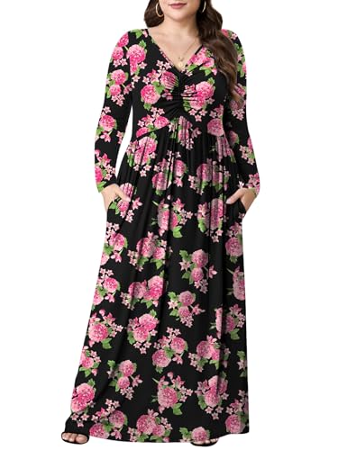PEVRL Plus Size Maxi Dresses for Curvy Women V Neck Casual Long Dress with Pockets Black Pink Flower 2X - Image 1