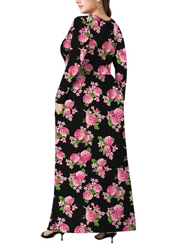 PEVRL Plus Size Maxi Dresses for Curvy Women V Neck Casual Long Dress with Pockets Black Pink Flower 2X - Image 5