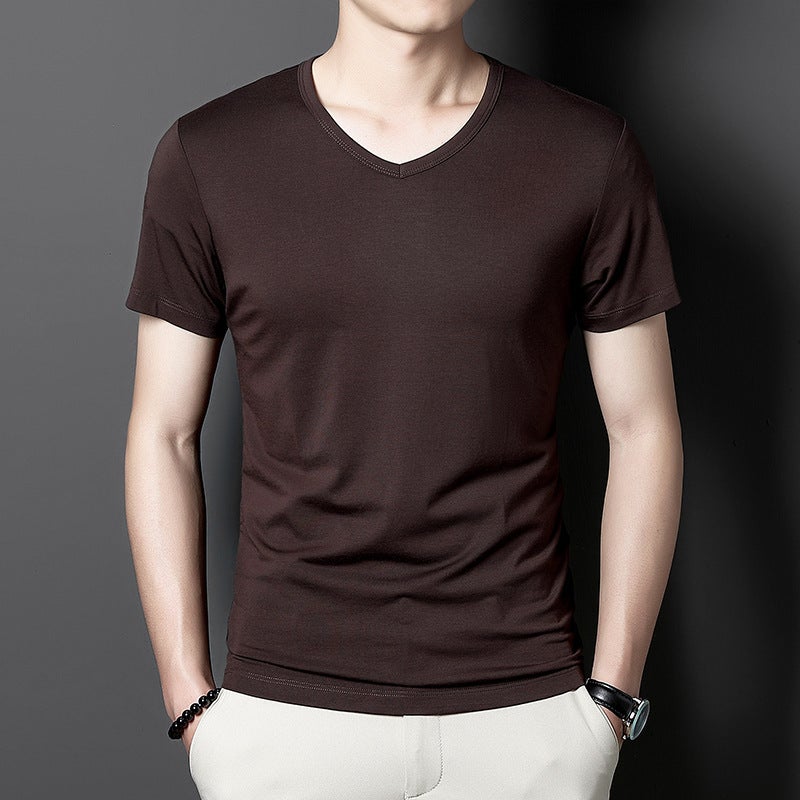 Modal Cotton Ice Silk Men'S Short-Sleeved T-Shirt Summer Pure Color V Neck T-Shirt Thin T-Shirt For Men - Image 1