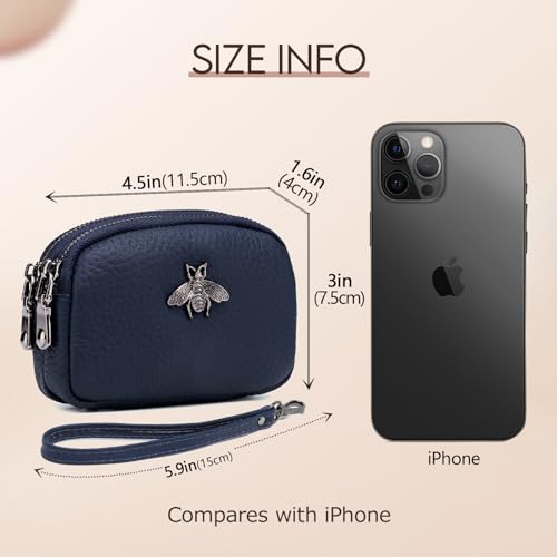 imeetu Women Leather Coin Purse, Small 2 Zippered Change Pouch Wallet(Blue, Wrist Strap) - Image 3