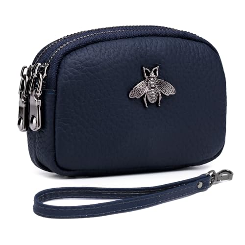 imeetu Women Leather Coin Purse, Small 2 Zippered Change Pouch Wallet(Blue, Wrist Strap) - Image 1
