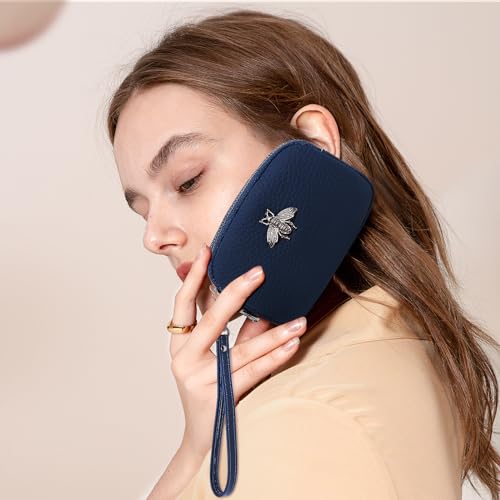 imeetu Women Leather Coin Purse, Small 2 Zippered Change Pouch Wallet(Blue, Wrist Strap) - Image 4