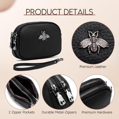 imeetu Women Leather Coin Purse, Small 2 Zippered Change Pouch Wallet(Blue, Wrist Strap) - Image 5