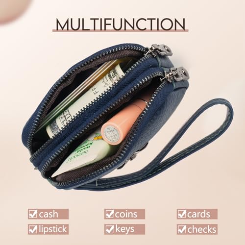 imeetu Women Leather Coin Purse, Small 2 Zippered Change Pouch Wallet(Blue, Wrist Strap) - Image 2