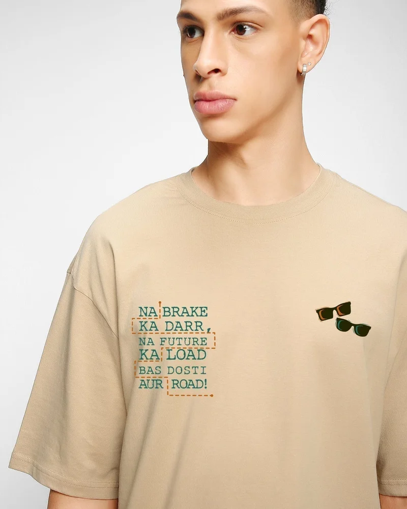 bewakoof Men's Ginger Root Brown Dynamic Dosti Graphic Printed Oversized T-shirt